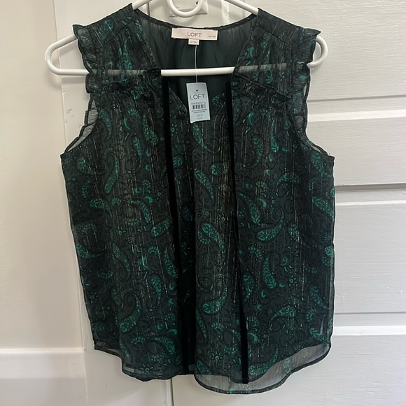 NEW LOFT Shimmer Paisley Green Flowy Sleeveless Top Blouse XXS XS Petite - Picture 3 of 4